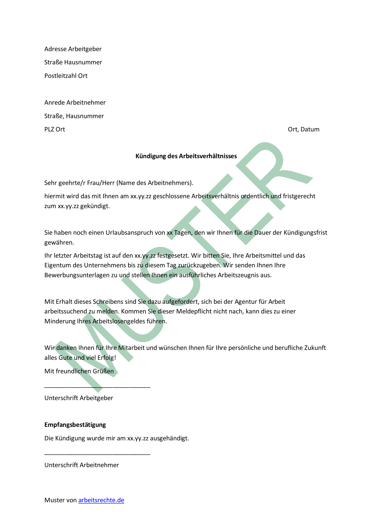 Muster einer fristgerechten Kündigung für Arbeitgeber